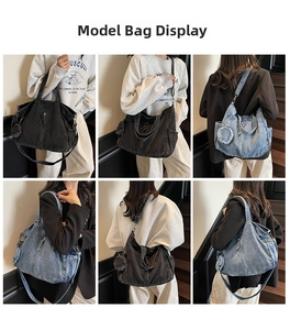 Detailed views of large denim tote bag shown in multiple angles on model indoors