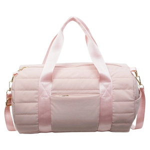 Large capacity light pink quilted fitness bag with adjustable shoulder straps and top handles