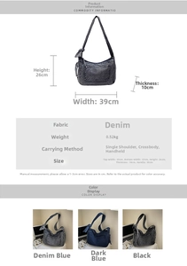 Detailed dimension guide for washed denim messenger bag showing size and triple color options