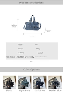 Detailed size chart and specifications for the denim tote bag with 22cm x 14cm dimensions