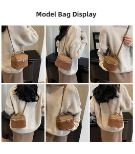 Detailed views of a brown cylinder vanity bag with metal hardware and textured拼接 design