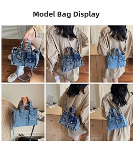 Détail du sac en denim délavé montrant les styles polyvalents à l'épaule et en bandoulière