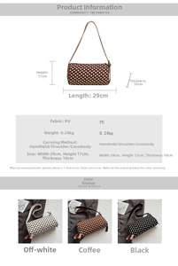 Detailed view showing size specifications and three color options of the polka dot bag