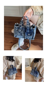 Détails du sac cabas en jean délavé avec coutures de poches et bandoulière amovible