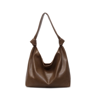 Minimalist dark brown leather knot hobo shoulder bag with casual tote style and soft texture