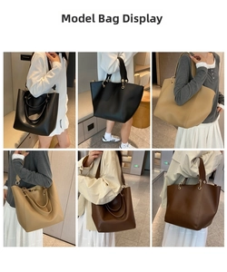 Detail view showing black, khaki, and caramel large capacity tote bags in matte faux leather