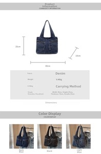 Detailed size chart and color options for denim tote bag with 30x25x10cm dimensions