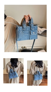 Détails du sac en denim délavé avec boutons métalliques et textures de style vintage