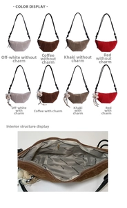 Détail de la poche intérieure zippée et de la doublure d'un sac croissant en daim