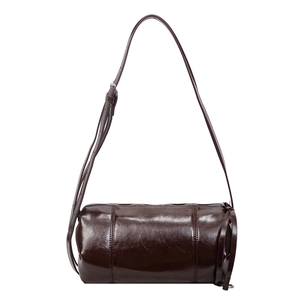 Dunkelkaffeebraune zylindrische Schultertasche aus glänzendem Leder mit Reißverschluss
