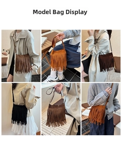 Vues multiples d'un sac seau en daim bohème avec de longues franges et bandoulière