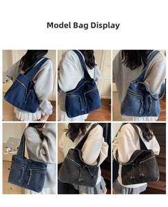 Detail of multi-color washed denim tote bags showing zipper tassels and vintage texture