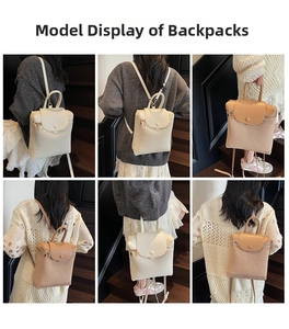 Detail of hand-woven straw backpacks with smooth leather trim in beige and light brown