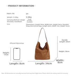 Detailed size chart of large brown PU leather tote bag with smartphone comparison