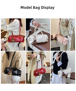Detailed views of high-quality cylinder shoulder bags in red, white, pink and black