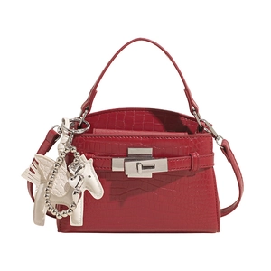 Red crocodile pattern Kelly style handbag with cute horse charm and silver hardware