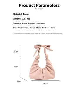 Pink fabric shoulder bag dimensions and bow handle detail shown with size markings