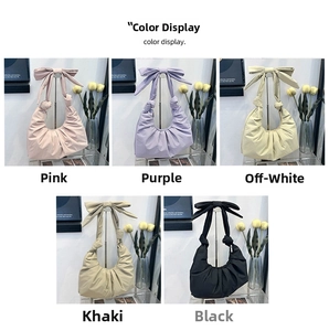 Multi-color collection of bow shoulder bags in pink, purple, white, khaki, and black