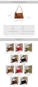 Vintage suede hobo crescent bag in 5 colors showing product dimensions and options