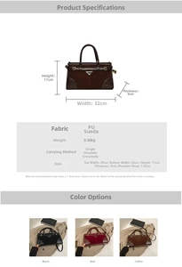 Detail view of large matte PU leather handbag showing dimensions and multiple color options