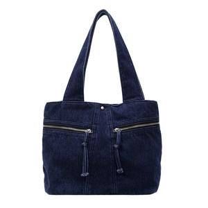 Retro deep blue denim tote bag with dual front zipper pockets and long shoulder straps