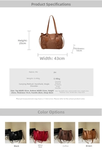 Size chart showing large tote bag dimensions 43x25x14cm with weight and color options