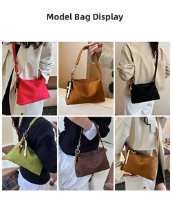Collage showing various colors of vintage corduroy dumpling shoulder bags with wood beads