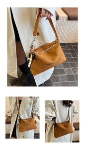 Vintage brown faux suede dumpling bag shown in various stylish crossbody and shoulder carry angles
