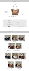 Size chart showing large woven tote bag dimensions with diverse color selection