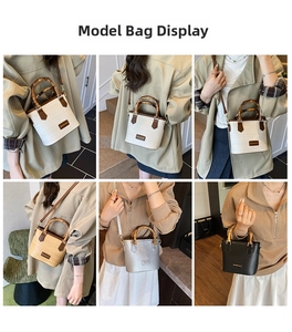 Detailed view of handmade woven bucket bags featuring elegant natural bamboo handles