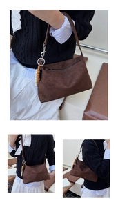 Macro view and different angles of a vintage brown suede dumpling bag being worn.