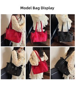 Detailed views of red and black minimalist tote bags showing drawstring and strap details