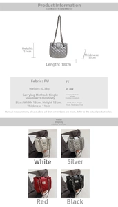 Detailed spec chart and size guide for the quilted chain shoulder bag in four colors