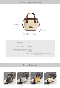 Detailed size chart for bamboo handle bucket bag showing 21x17x9cm dimensions and specs