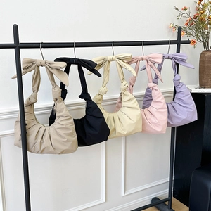 Women Pleated Bow Shoulder Bag Ruched Crescent Hobo Handbag Solid Color Chic Nylon Underarm Purse For Girls