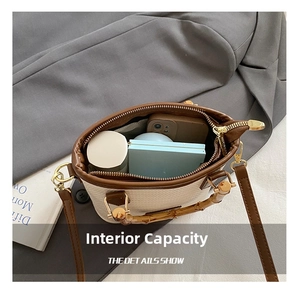Top view showing the spacious interior of the woven bucket bag with daily essentials