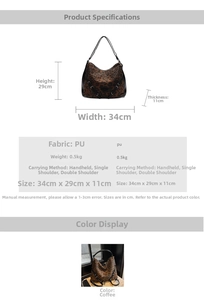 Detailed size chart showing 34x29x11cm dimensions for leopard print PU leather bag