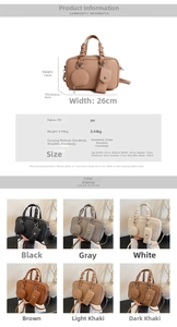 Size chart showing PU leather shoulder bag dimensions 26x15x8cm and six color options