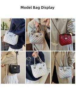 Quilted crossbody bag with silver chain strap and twist lock shown in multiple colors
