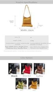 Especificaciones detalladas de tamaño y cinco variantes de color del bolso con flecos