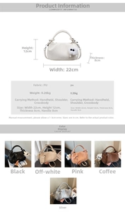 Detail view of mini pleated bucket bag dimensions and five color options in litchi PU leather