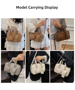 Collage of four stylish Boston bowling bags showing multi-way wear with mini pouch charms