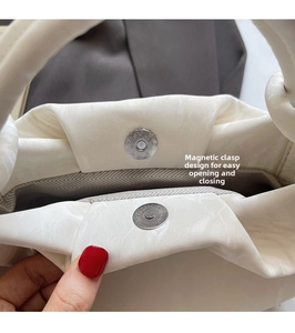 Detail of the magnetic buckle closure and herringbone lining on this cream bucket bag