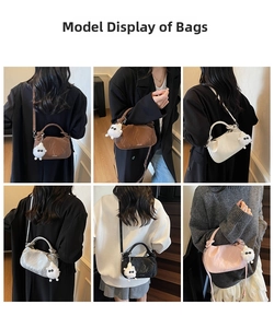 Detailed view of cloud-style pleated crossbody bags in five colors worn by models