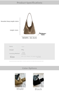 Detailed size chart for the suede hobo bag showing 32.5cm width and 340g weight specs