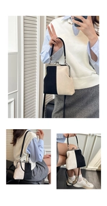 Three-way view of minimalist bicolour leather doctor bag with metal clasp and strap