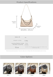 Detailed size chart and multi-color options for the large PU leather dumpling shoulder bag