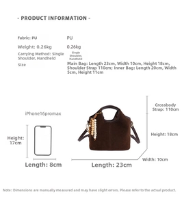 Guide des tailles du sac seau en cuir PU marron avec dimensions et iPhone comparé