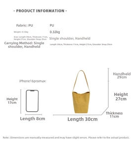 Yellow bucket bag with dimensions 30x11x27cm compared to iPhone for size scale