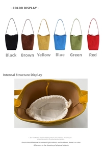Detailed color selection showing six matte bucket bags with drawstring inner pouches
